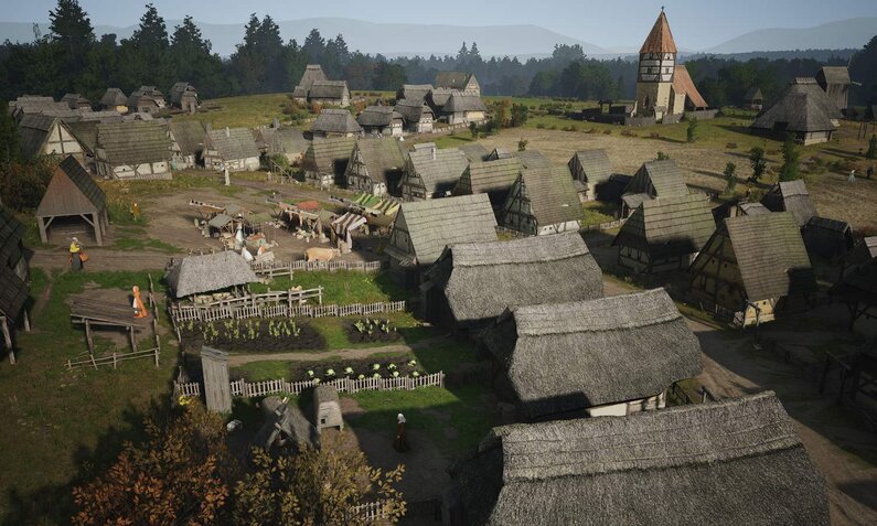 Vogelperspektive auf mittelalterliches Dorf mit Fachwerkhäusern und Bewohnern bei Tageslicht. | © Slavic Magic / Hooded Horse